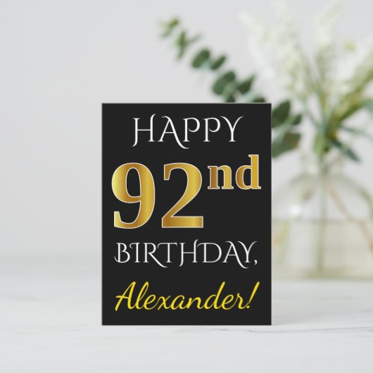 ブラック、フェイク金ゴールド92番目の誕生日+名前をカスタムする ポストカード (スタンド正面)