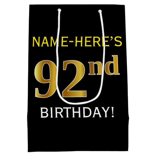 ブラック、フェイク金ゴールド92番目の誕生日+名前をカスタムする ミディアムペーパーバッグ (裏面)