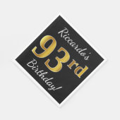 ブラック、フェイク金ゴールド93番目の誕生日+名前をカスタムする スタンダードランチョンナプキン (角)