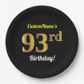 ブラック、フェイク金ゴールド93番目の誕生日+名前をカスタムする ペーパープレート (正面)