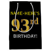 ブラック、フェイク金ゴールド93番目の誕生日+名前をカスタムする ミディアムペーパーバッグ (正面)