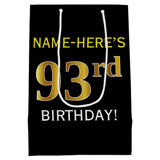 ブラック、フェイク金ゴールド93番目の誕生日+名前をカスタムする ミディアムペーパーバッグ (裏面)