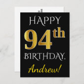 ブラック、フェイク金ゴールド94番目の誕生日+名前をカスタムする ポストカード (正面/裏面)