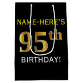 ブラック、フェイク金ゴールド95番目の誕生日+名前をカスタムする ミディアムペーパーバッグ (裏面)