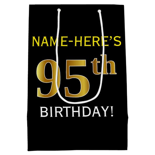 ブラック、フェイク金ゴールド95番目の誕生日+名前をカスタムする ミディアムペーパーバッグ (裏面)