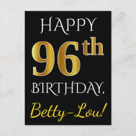 ブラック、フェイク金ゴールド96番目の誕生日+名前をカスタムする ポストカード