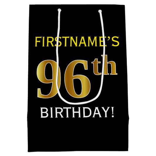 ブラック、フェイク金ゴールド96番目の誕生日+名前をカスタムする ミディアムペーパーバッグ (裏面)