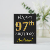 ブラック、フェイク金ゴールド97番目の誕生日+名前をカスタムする ポストカード (スタンド正面)