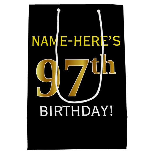 ブラック、フェイク金ゴールド97番目の誕生日+名前をカスタムする ミディアムペーパーバッグ (裏面)