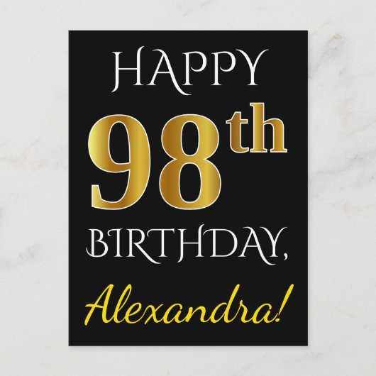 ブラック、フェイク金ゴールド98誕生日+名前をカスタムする ポストカード (正面)