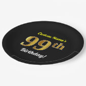ブラック、フェイク金ゴールド99誕生日+名前をカスタムする ペーパープレート (アングル)