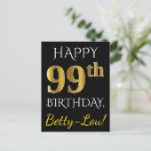 ブラック、フェイク金ゴールド99誕生日+名前をカスタムする ポストカード (スタンド正面)