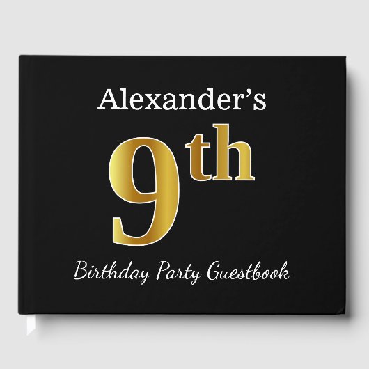 ブラック、フェイク金ゴールド9th Birthday Party +名前をカスタムする ゲストブック (正面)