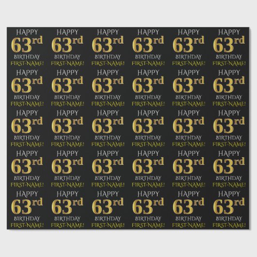 ブラック、フェイク金ゴールド「HAPPY 63rd誕生日」 ラッピングペーパー (フラット)