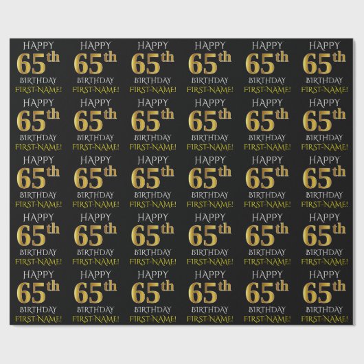 ブラック、フェイク金ゴールド「HAPPY 65th誕生日」 ラッピングペーパー (フラット)