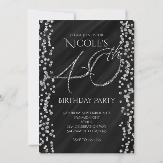 ブラック & フェイク シルバー グリッター グラム 40 40歳の誕生日 招待状 (正面)