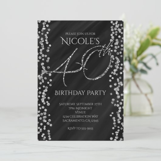 ブラック & フェイク シルバー グリッター グラム 40 40歳の誕生日 招待状 (スタンド正面)