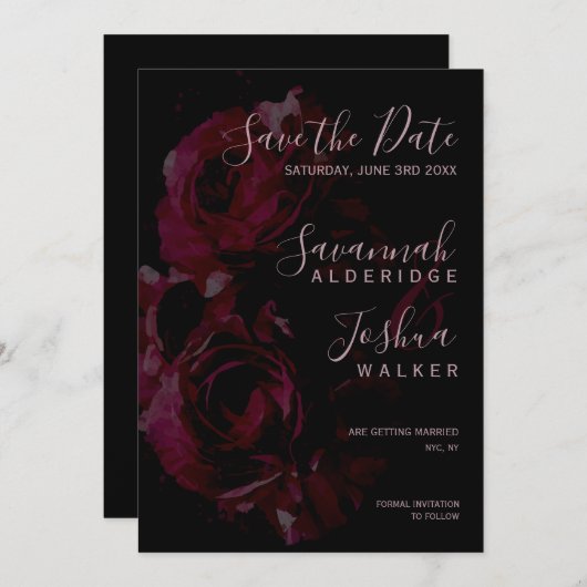 ブラック フラワーの水彩 結婚式のSave the Date 招待状 (正面/裏面)
