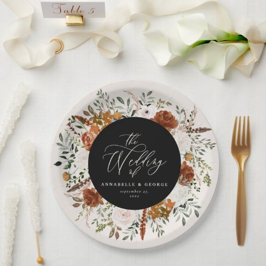 ブラック フラワー ラスティック エレガント モダン ウェディング ペーパープレート (ウェディング)
