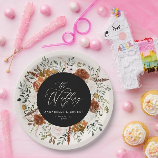 ブラック フラワー ラスティック エレガント モダン ウェディング ペーパープレート (パーティー)