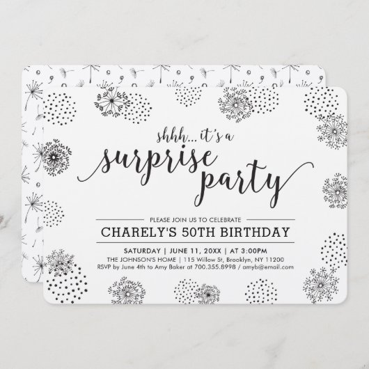 ブラック |フローラモダンサプライズ50thバースデーパーティー 招待状 (正面/裏面)