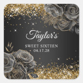 ブラック フローラル グラム ゴールド グリッター スウィート シックスティーン スクエアシール (正面)