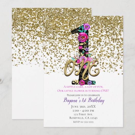ブラック フローラル ゴールド グリッター ワン 1 ファースト バースデー パーティー 招待状 (正面/裏面)