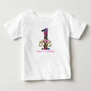 ブラック フローラル ゴールド グリッター ONE 1 1歳 誕生日 パーティー ベビーTシャツ