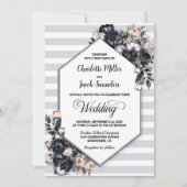 ブラック フローラル ストライプ ウェディング 招待状 (正面)