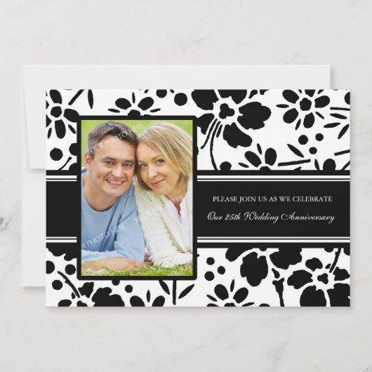 ブラック フローラル フォト 25周年 招待状 (正面)
