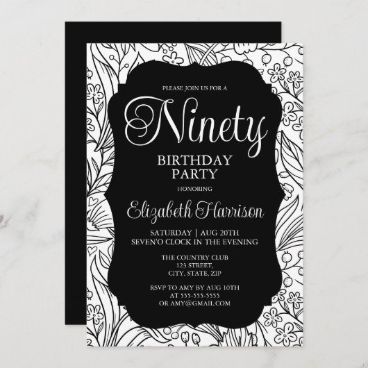 ブラック・フローラ・ウーマン90thバースデーパーティー 招待状 (正面/裏面)