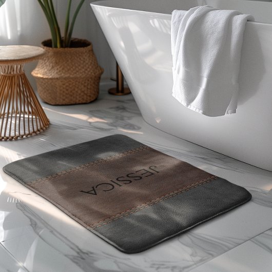 ブラック&ブラウンステッチヴィンテージレザー バスマット