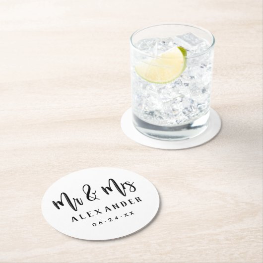 ブラック・ブラシ仕上げ台本のモノグラム結婚夫妻 ラウンドペーパーコースター (インサイチュ)