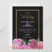 ブラック & ブラック グリッター & ピンクのバラのウェディング 招待状 (正面)