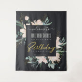 ブラック ブラッシュ ゴールド フローラル 誕生日おめでとう いつでも タペストリー (正面)