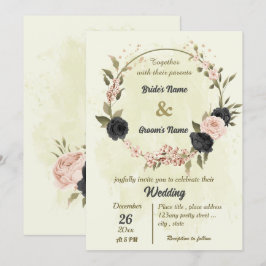 ブラック ブラッシュ ピンクの花 ボタニカル ウェディング 招待状