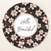 ブラック ブラッシュ ピンク ローズ ゴールド フラワーパターン オーダーメイド ラウンドペーパーコースター (正面)