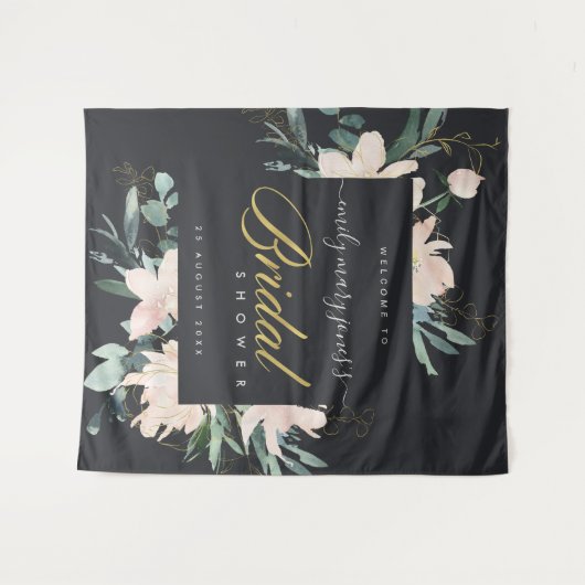 ブラック ブラッシュ フローラ ウォーターカラー ブライダル シャワー ウェルカム タペストリー (正面(横))