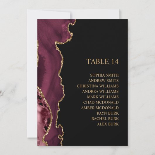 ブラック&ブルゴーニュ金ゴールド結婚のシーティングチャートカード 招待状 (正面)