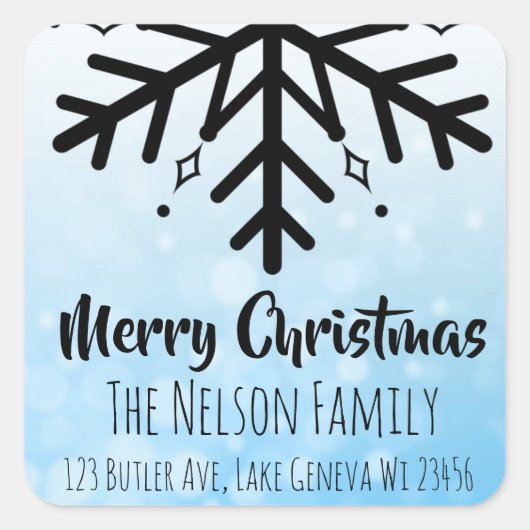 ブラック&ブルーのスノーフレークパーソナライズされたクリスマス スクエアシール (正面)