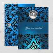 ブラック＆ブルーのダマスク宝石モノグラム 白 招待状 (正面/裏面)