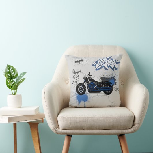 ブラック&ブルーのバイクのグラフィティグレー クッション (椅子)