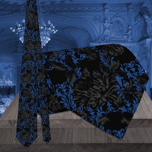 ブラック&ブルーの花柄ダマスク ゴシックウェディング ネクタイ