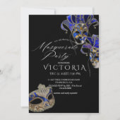 ブラック&ブルーエレガントマスクマスカレード誕生日 招待状 (正面)