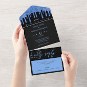 ブラック&ブルーグリッタードリップ結婚ズ オールインワン招待状 (貼ってはがせる)