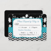 ブラック&ブルーフローラハートウェディングRSVPカード 出欠カード (正面/裏面)