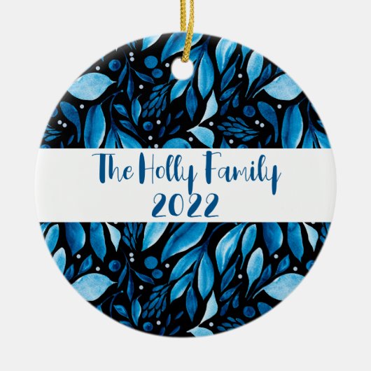 ブラック&ブルーボタニカルパーソナライズされたオーナメント セラミックオーナメント (正面)