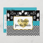 ブラック、ブルー金ゴールドストライプフローラ結婚のレシピカード ポストカード (正面/裏面)