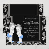 ブラック、ブルー、シルバーの双子の男の子のベビーシャワー 招待状 (正面/裏面)