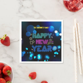 ブラック&ブルー ミッドナイトスパークル ネオン グロー 新年 スタンダードカクテルナプキン